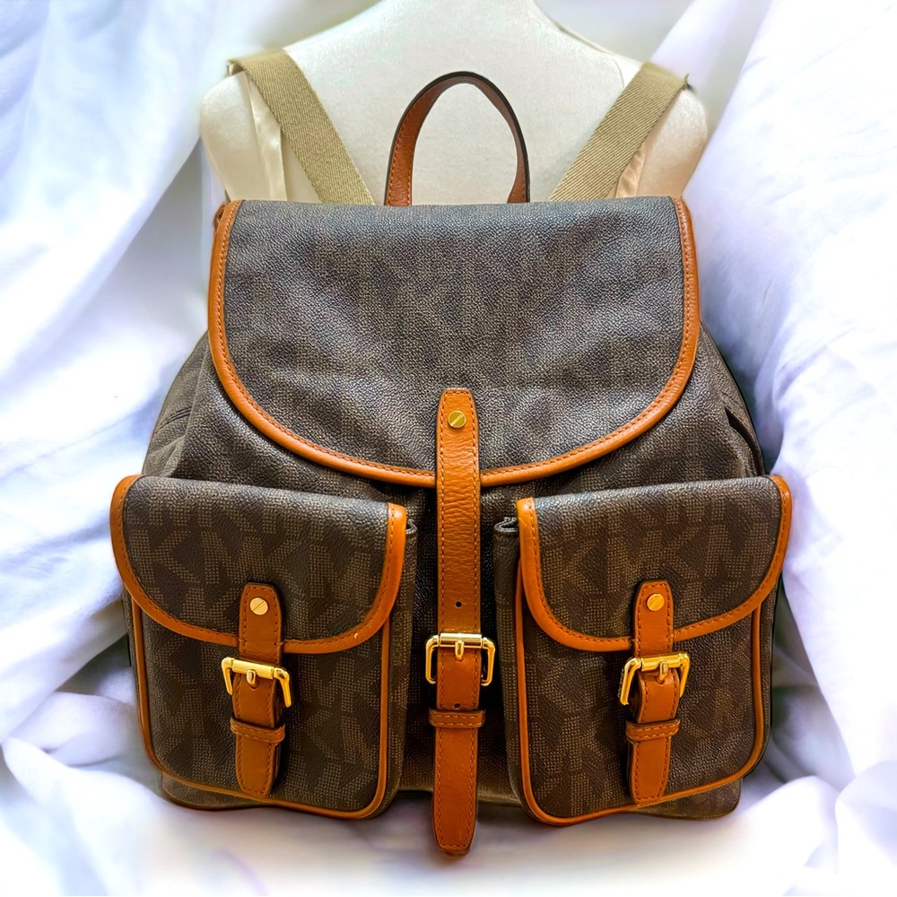 MICHAEL KORS Brown Leather Monogram Jet Set Large Drawstring Backpack